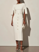 Women's midi dress featuring a tailored fit, stylish button detail, and elegant split sleeves, perfect for formal occasions. 0