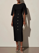 Women's midi dress featuring a tailored fit, stylish button detail, and elegant split sleeves, perfect for formal occasions. 1