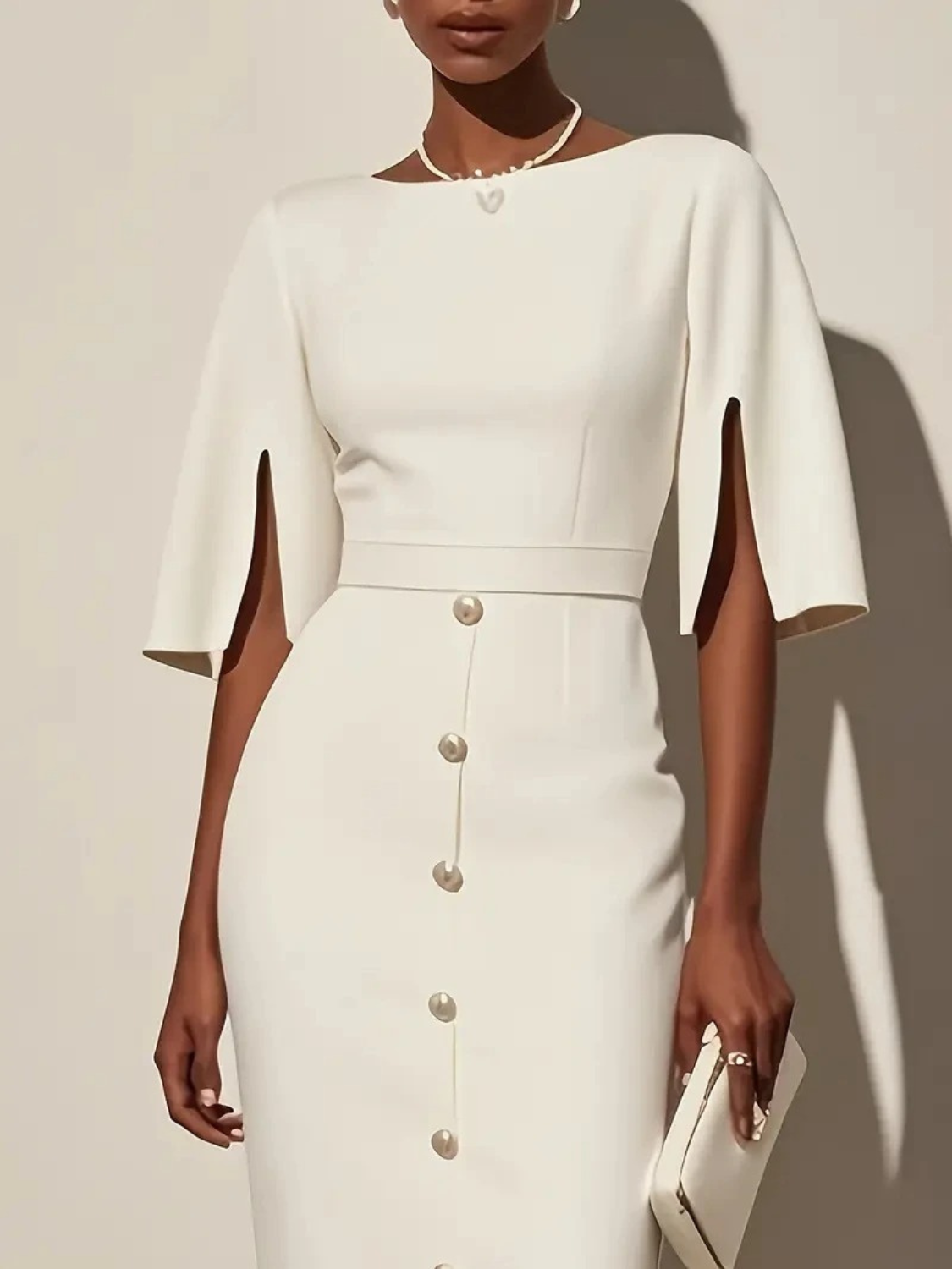 Women's midi dress featuring a tailored fit, stylish button detail, and elegant split sleeves, perfect for formal occasions. 2