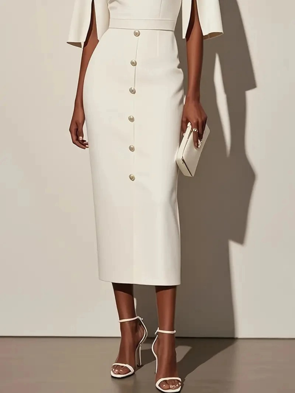 Women's midi dress featuring a tailored fit, stylish button detail, and elegant split sleeves, perfect for formal occasions. 3
