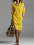 Women's midi dress featuring a button front and ribbed texture, perfect for elegant formal occasions, work, and events. 0