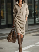 Women's midi dress featuring a button front and ribbed texture, perfect for elegant formal occasions, work, and events. 2