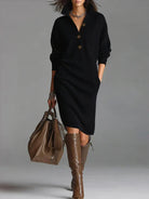 Women's midi dress featuring a button front and ribbed texture, perfect for elegant formal occasions, work, and events. 3