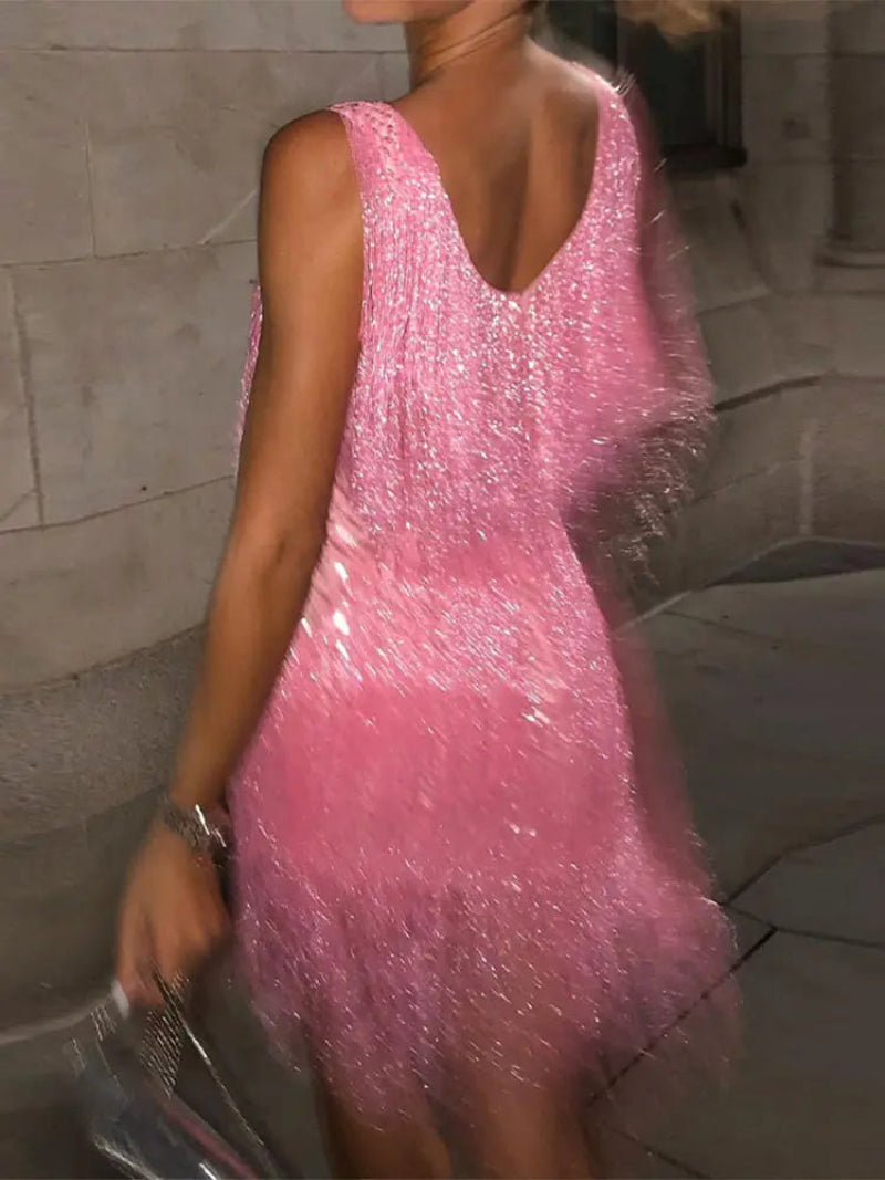 Women's mini dress featuring a V-neck sleeveless design and fringe hem, embellished with sequins, perfect for cocktail parties and special occasions. 3