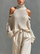 Women's outfit set featuring a beige cold-shoulder knit turtleneck top paired with wide-leg pants, showcasing a modern and comfortable style perfect for casual 4