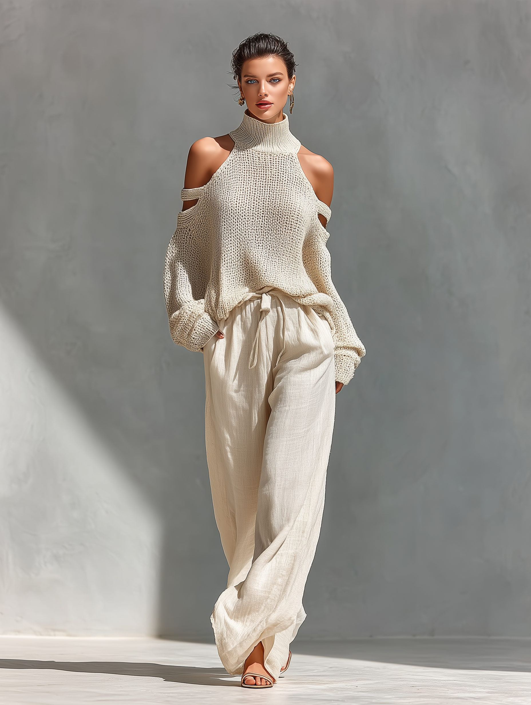 Women's outfit set featuring a beige cold-shoulder knit turtleneck top paired with wide-leg pants, showcasing a modern and comfortable style perfect for casual 6