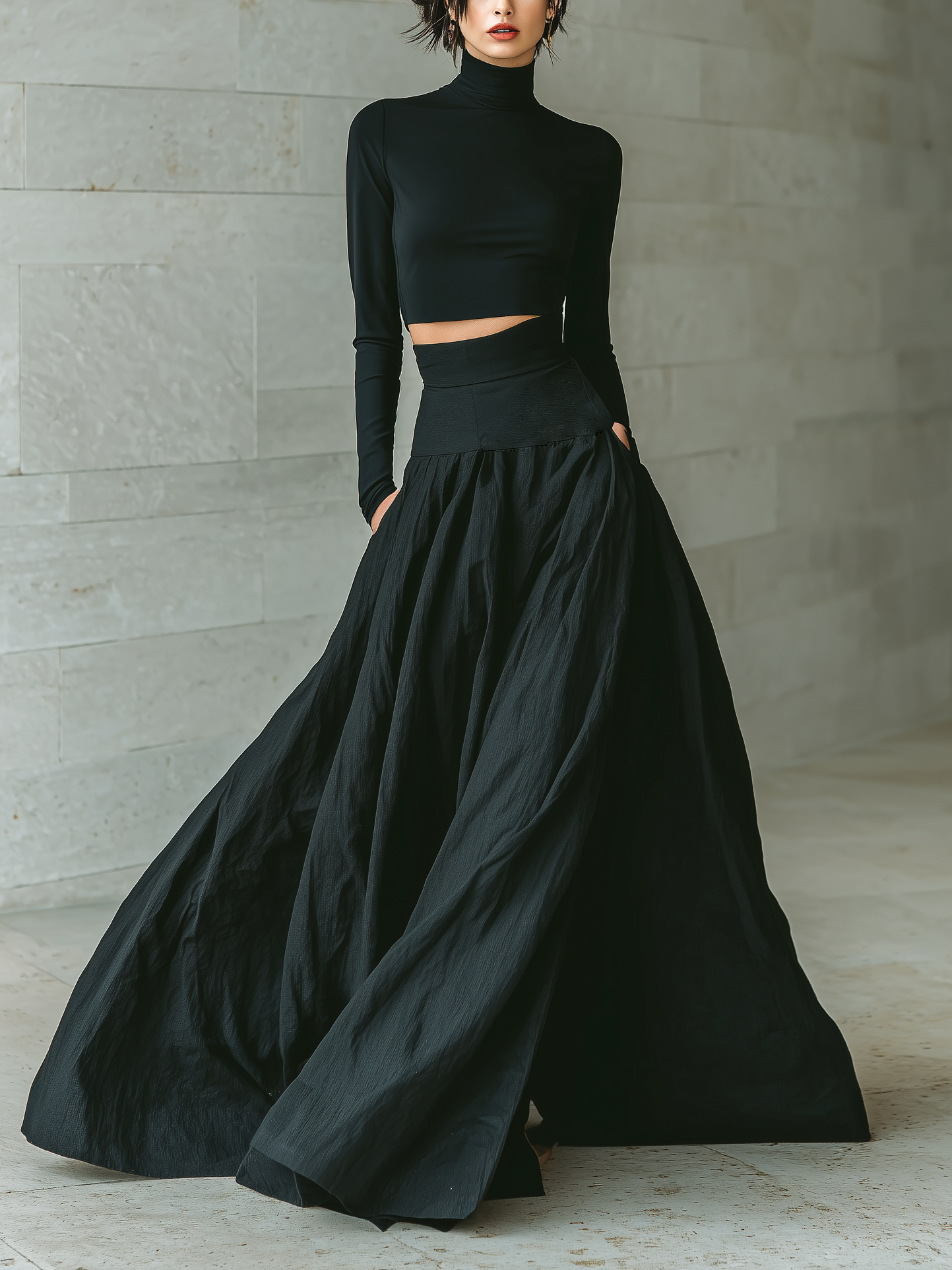 Women's outfit set featuring a fitted turtleneck cropped top and long skirt in black, designed with stretch knit material for a minimalist look. 0