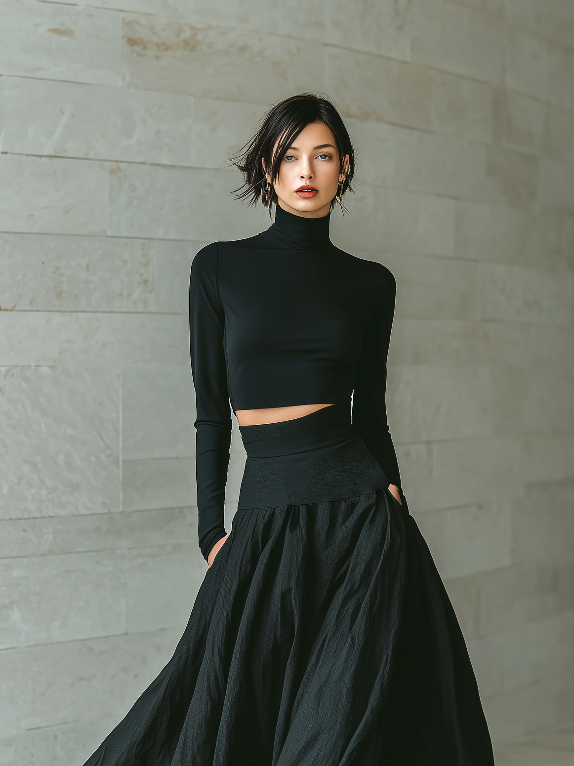Women's outfit set featuring a fitted turtleneck cropped top and long skirt in black, designed with stretch knit material for a minimalist look. 1