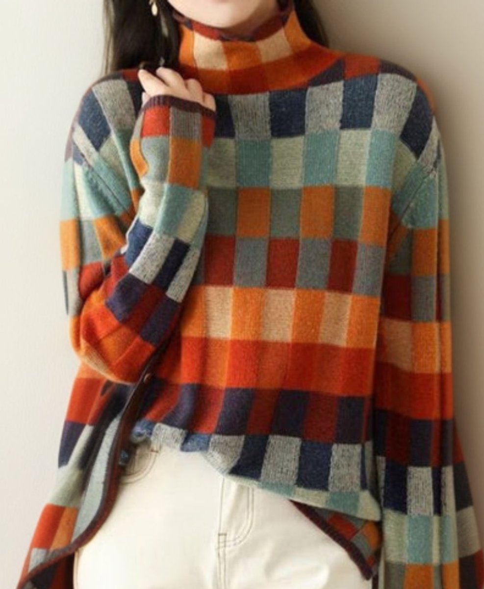 Women's oversized sweater featuring a cozy mock turtleneck, colorblock design in vibrant orange, navy, teal, and gray, perfect for stylish fall and 0