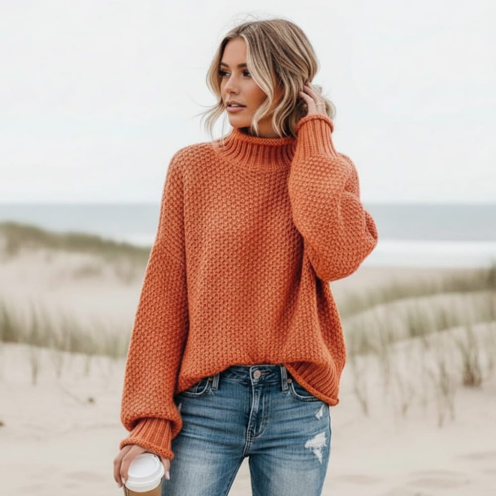 Women’s oversized sweater featuring a cozy turtleneck design, crafted from soft acrylic material, perfect for a boho chic look. Ideal for casual wear 0