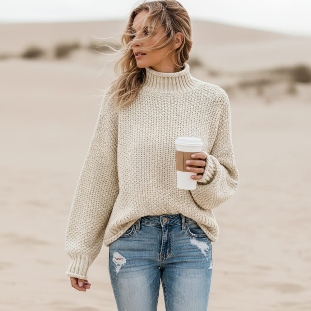 Women’s oversized sweater featuring a cozy turtleneck design, crafted from soft acrylic material, perfect for a boho chic look. Ideal for casual wear 1