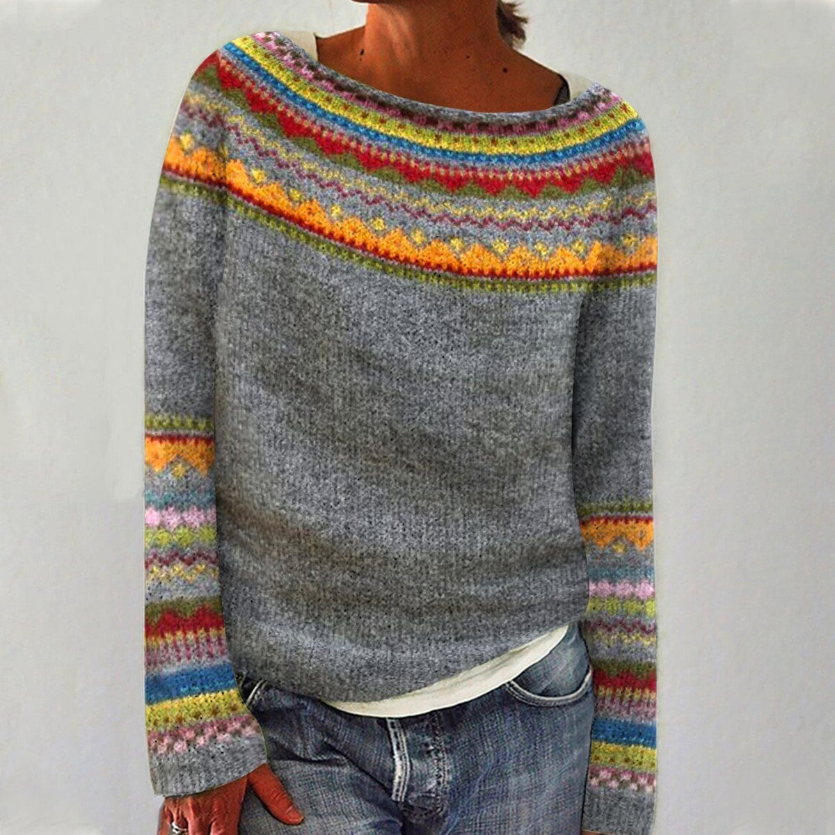 Women's oversized sweater featuring a cozy Fair Isle knit design with a patterned yoke, perfect for fall and winter layering. 0