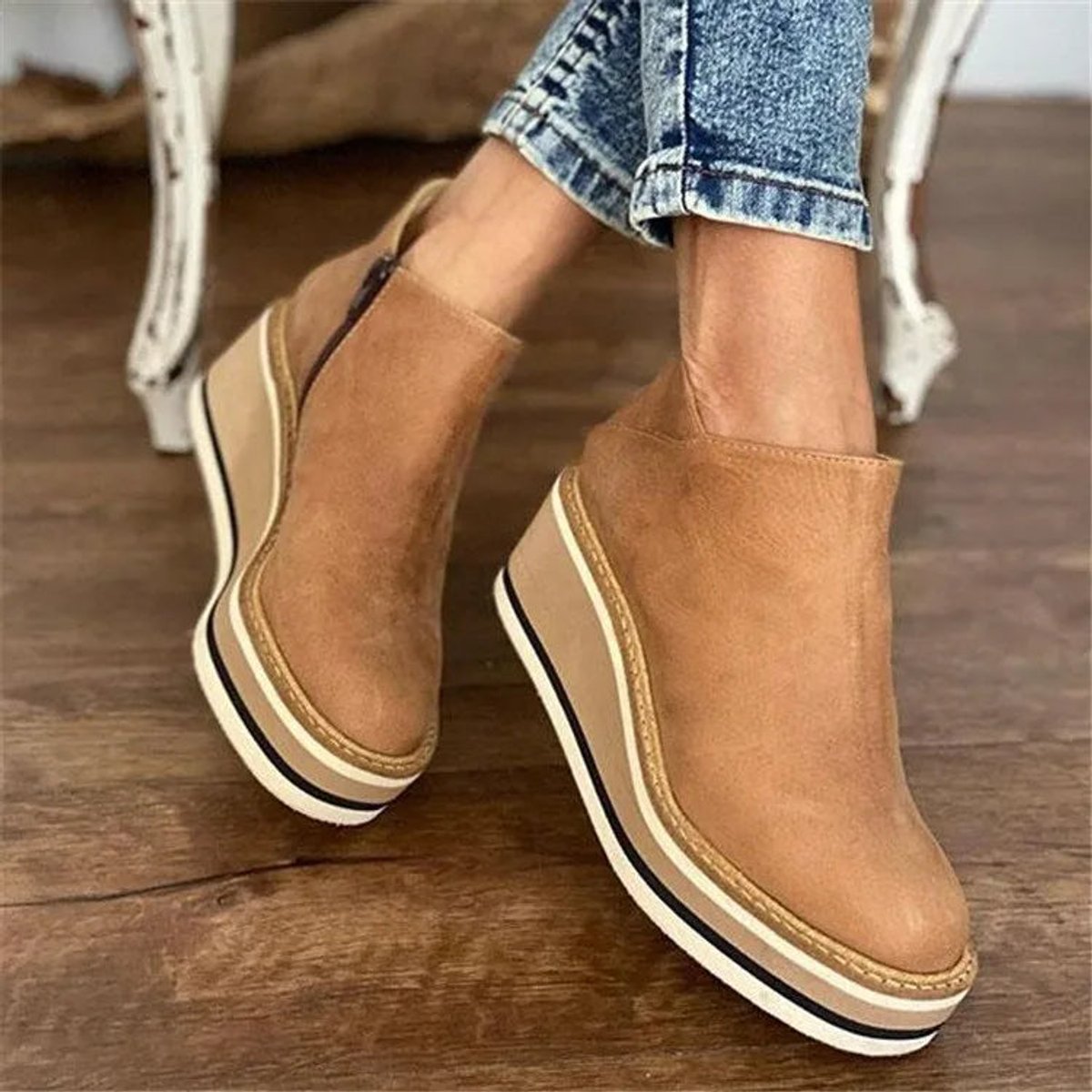 Women's black retro-style platform wedge ankle boots featuring a round toe and convenient side zipper for easy wear, designed for comfort and style. 0