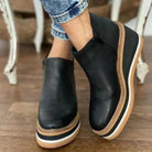 Women's black retro-style platform wedge ankle boots featuring a round toe and convenient side zipper for easy wear, designed for comfort and style. 2