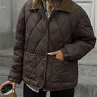 Women's puffer jacket featuring a button closure and diamond-quilted design, available in cozy coffee brown and milky colors, perfect for winter warmth and 0