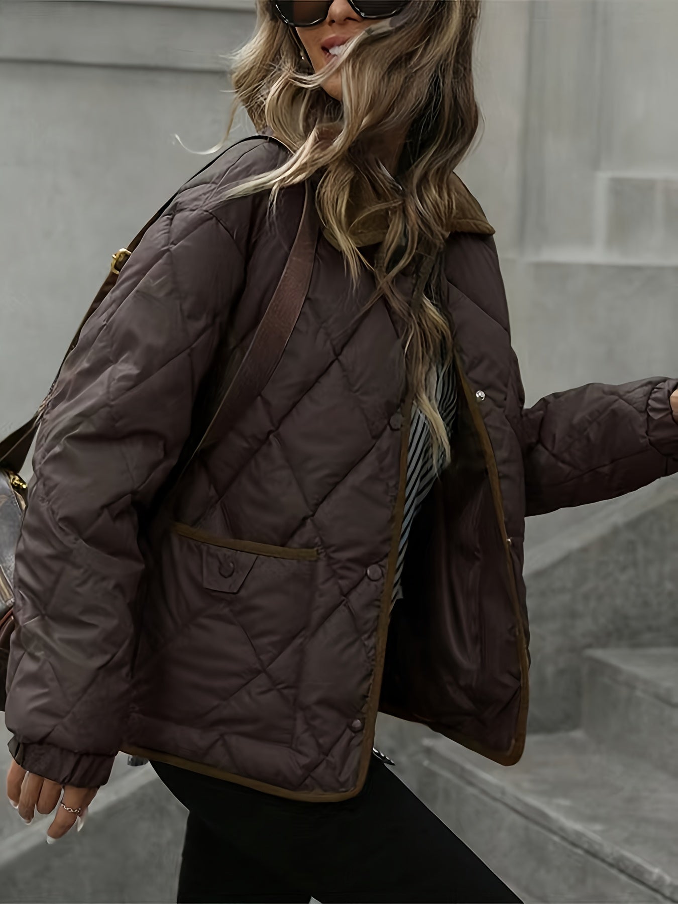 Women's puffer jacket featuring a button closure and diamond-quilted design, available in cozy coffee brown and milky colors, perfect for winter warmth and 3