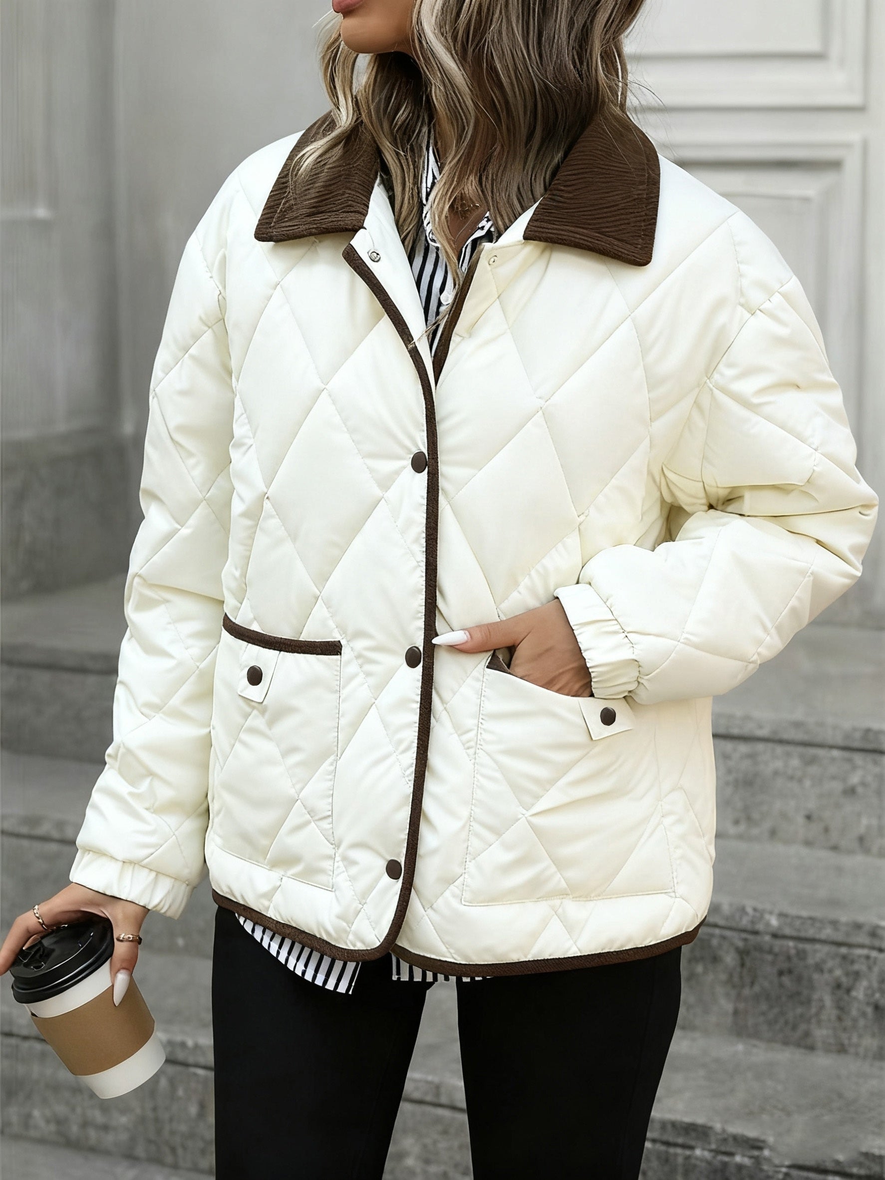Women's puffer jacket featuring a button closure and diamond-quilted design, available in cozy coffee brown and milky colors, perfect for winter warmth and 6