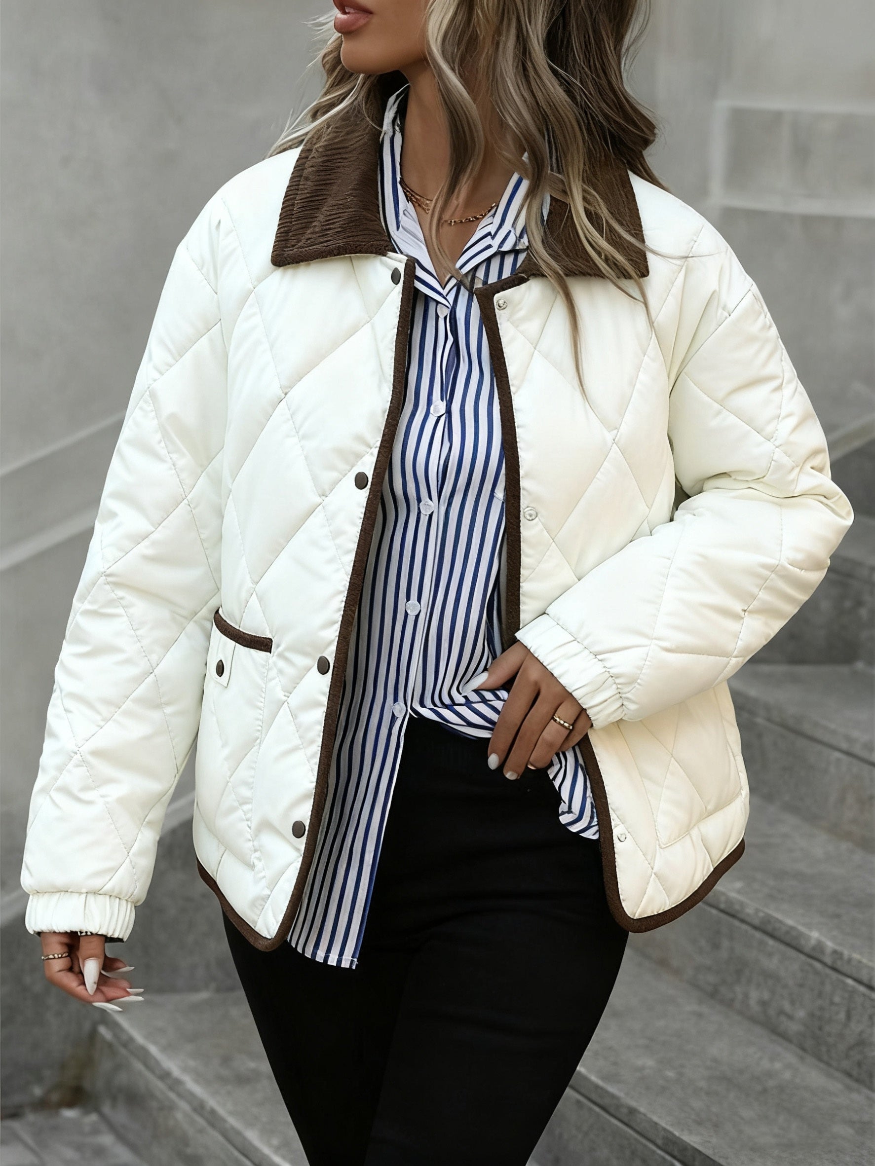 Women's puffer jacket featuring a button closure and diamond-quilted design, available in cozy coffee brown and milky colors, perfect for winter warmth and 8