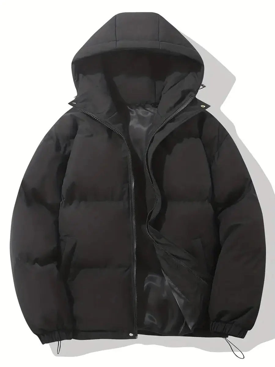 Women's black puffer jacket with hood and zip pockets, featuring a quilted design, suitable for cold weather, available in sizes S-3XL. 0
