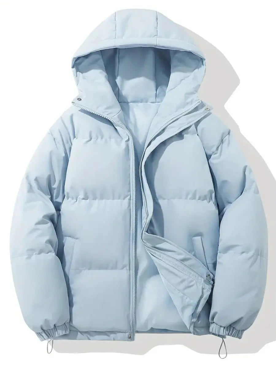 Women's black puffer jacket with hood and zip pockets, featuring a quilted design, suitable for cold weather, available in sizes S-3XL. 1