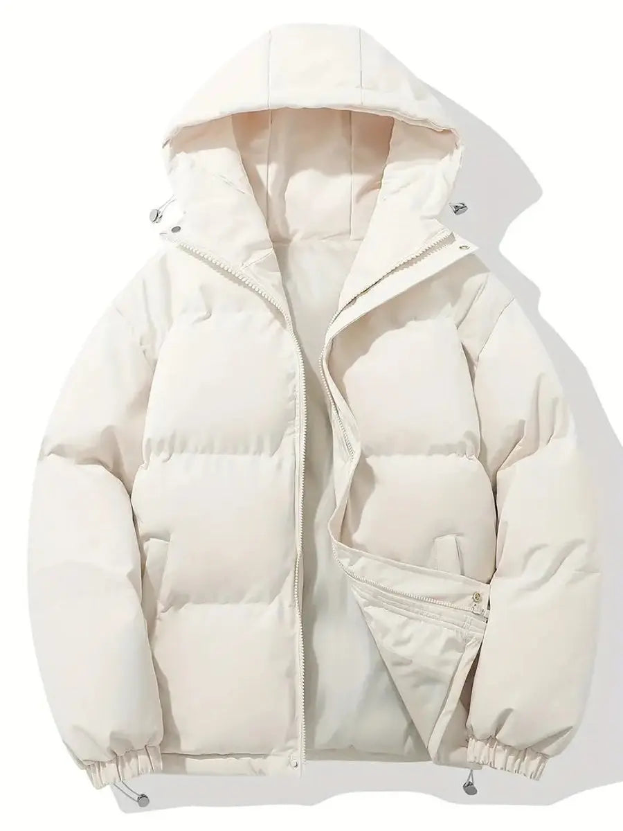 Women's black puffer jacket with hood and zip pockets, featuring a quilted design, suitable for cold weather, available in sizes S-3XL. 3