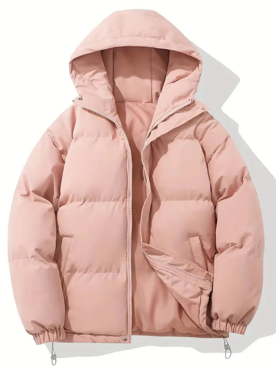 Women's black puffer jacket with hood and zip pockets, featuring a quilted design, suitable for cold weather, available in sizes S-3XL. 4