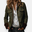 Women's quilted jacket featuring a luxurious velvet trim and elegant gold button detail, designed in a stylish herringbone tweed pattern. 0