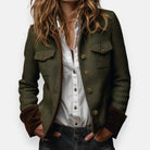 Women's quilted jacket featuring a luxurious velvet trim and elegant gold button detail, designed in a stylish herringbone tweed pattern. 0