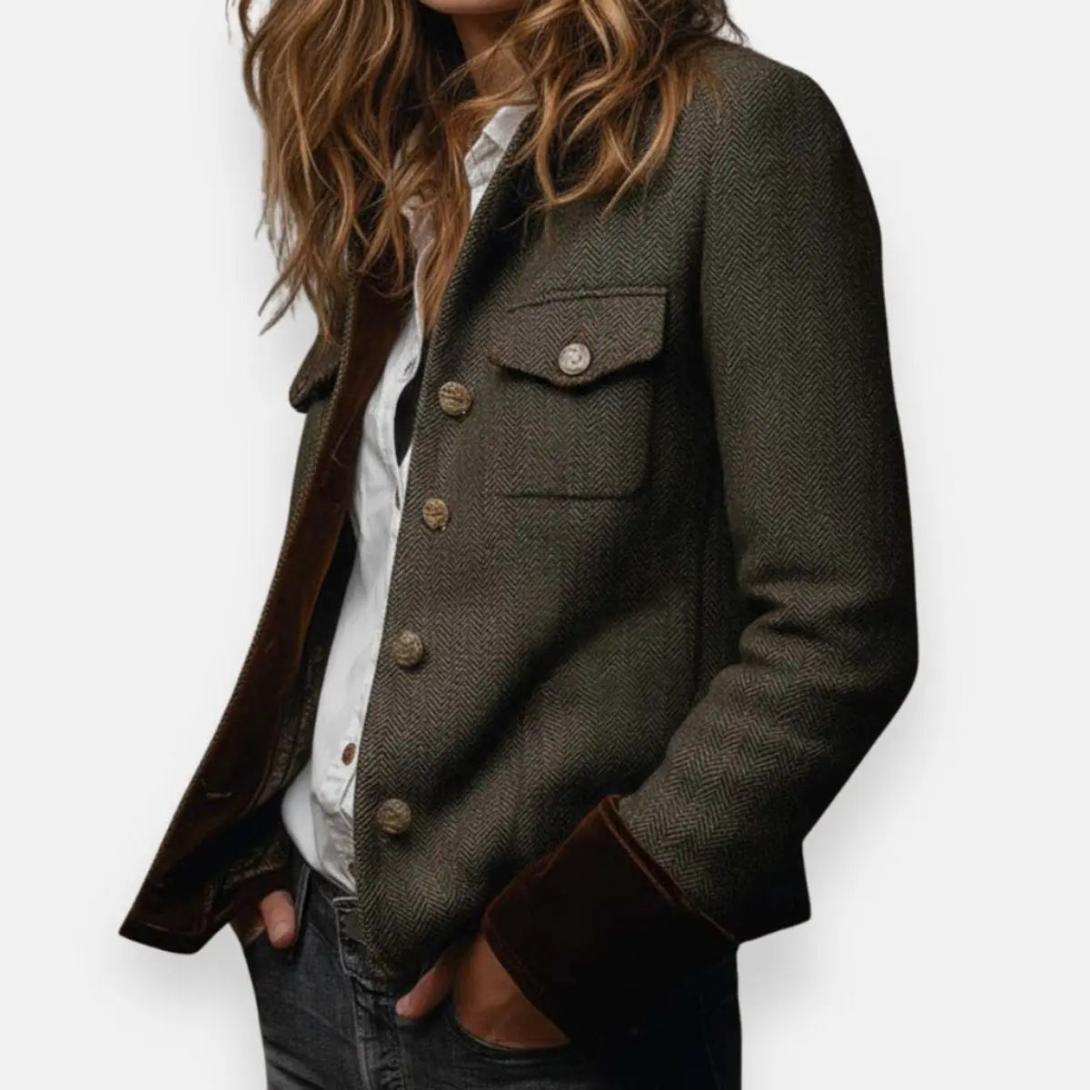 Women's quilted jacket featuring a luxurious velvet trim and elegant gold button detail, designed in a stylish herringbone tweed pattern. 3