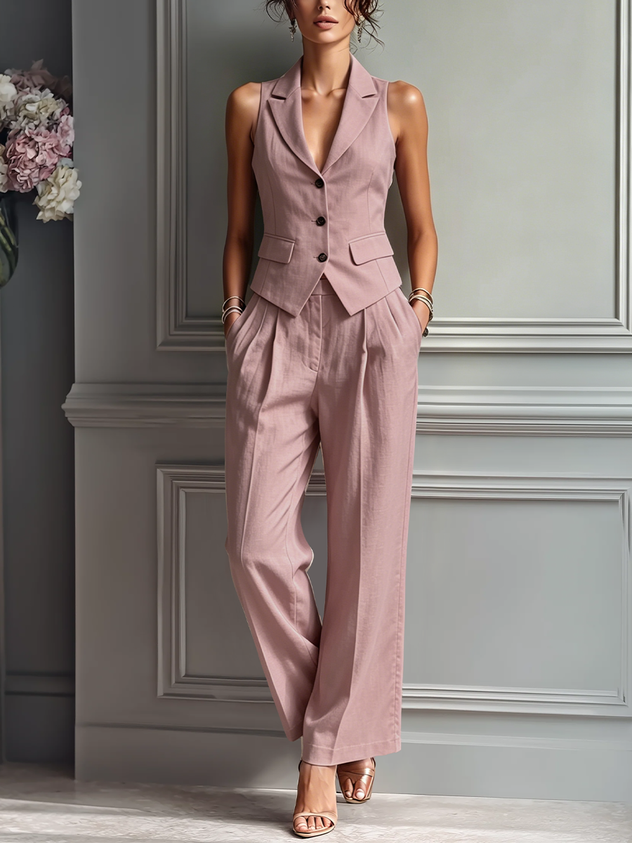 Women's blush pink linen set featuring a sleeveless vest and wide-leg pants, designed for a relaxed fit and comfortable style. 0