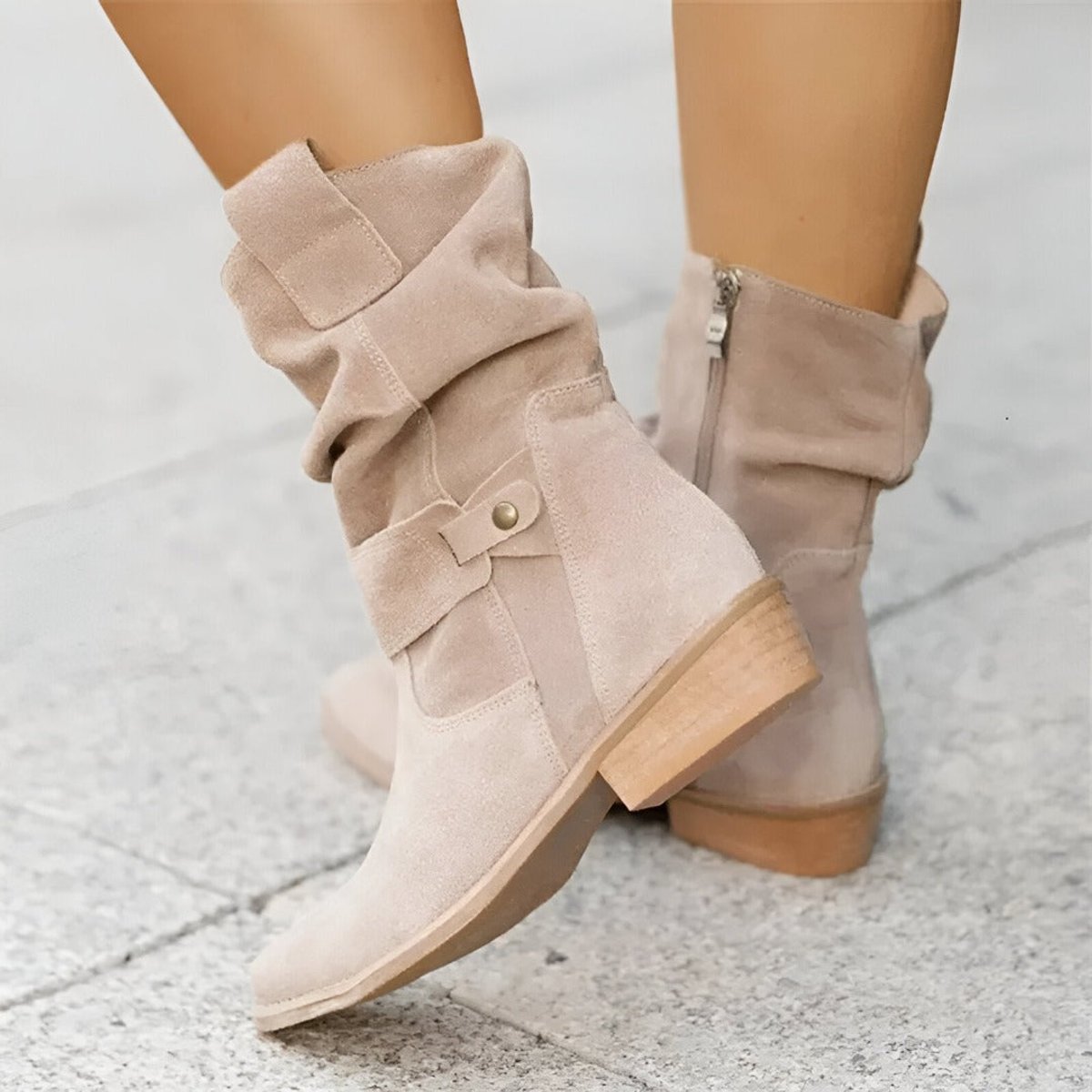 Women's slouchy mid-calf boots made of soft faux suede, featuring a low block heel and side zipper for easy wear, perfect for casual outfits 0
