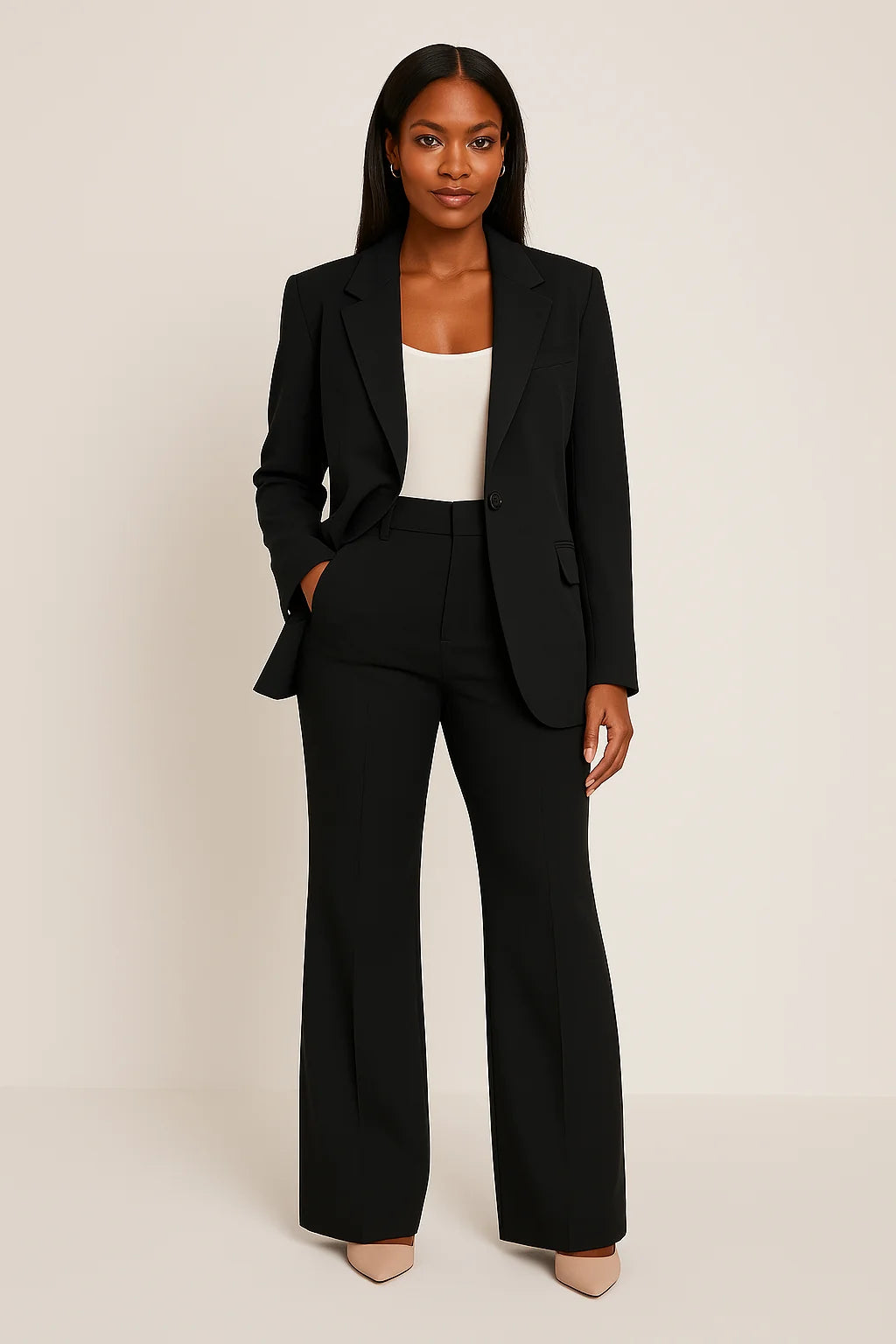 Women's tailored fit suit set in elegant autumn winter style, featuring a structured design perfect for work and formal events. 0