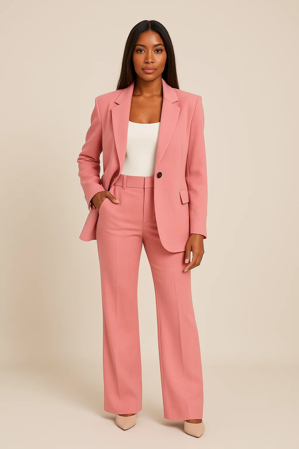 Women's tailored fit suit set in elegant autumn winter style, featuring a structured design perfect for work and formal events. 1