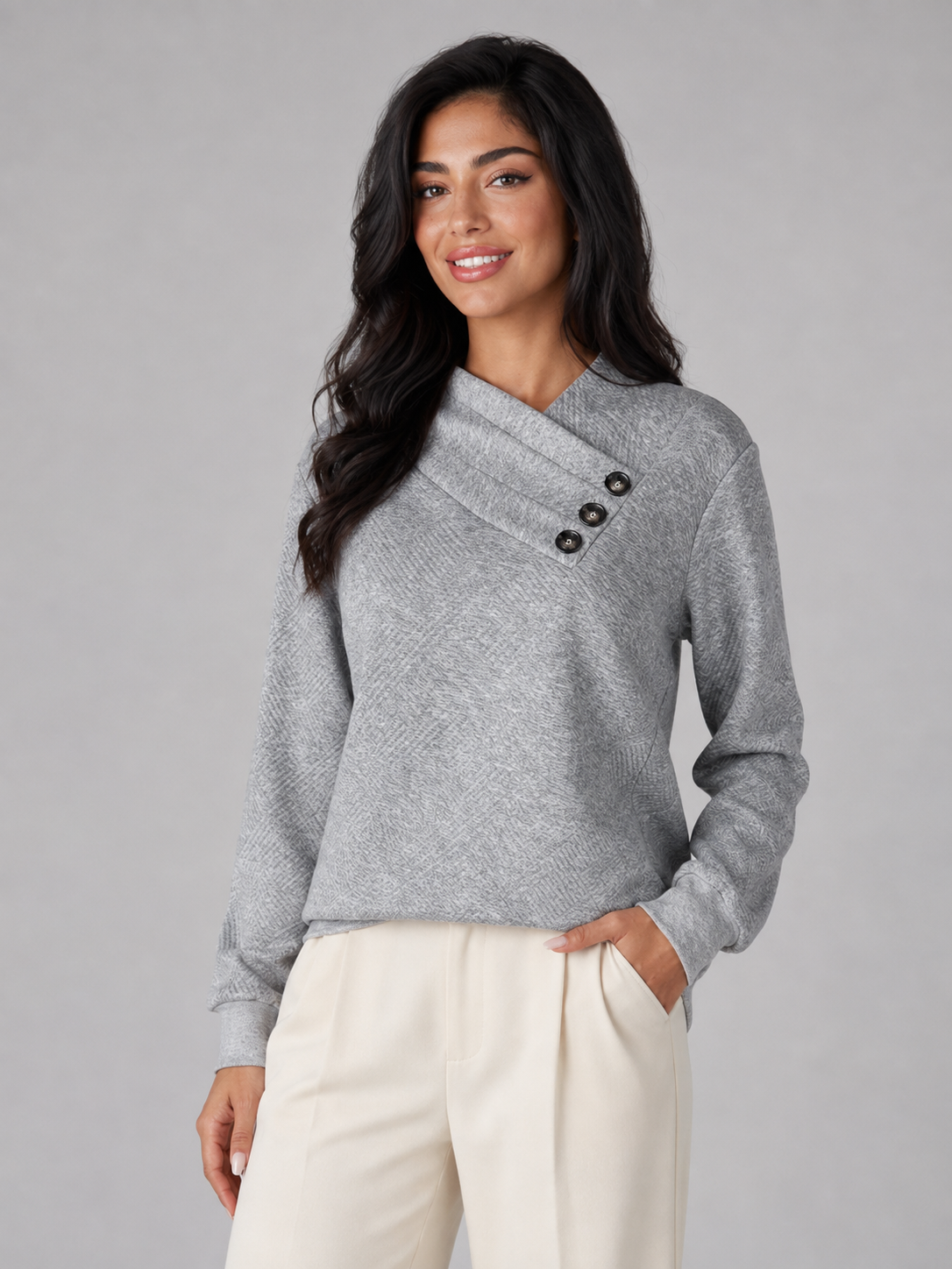 Women's sweater featuring an asymmetric shawl collar and stylish button detail, crafted from soft textured knit for ultimate comfort and warmth. 0
