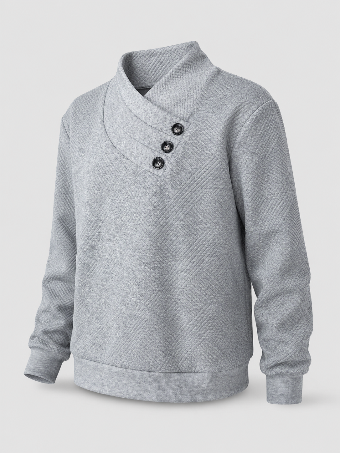 Women's sweater featuring an asymmetric shawl collar and stylish button detail, crafted from soft textured knit for ultimate comfort and warmth. 1