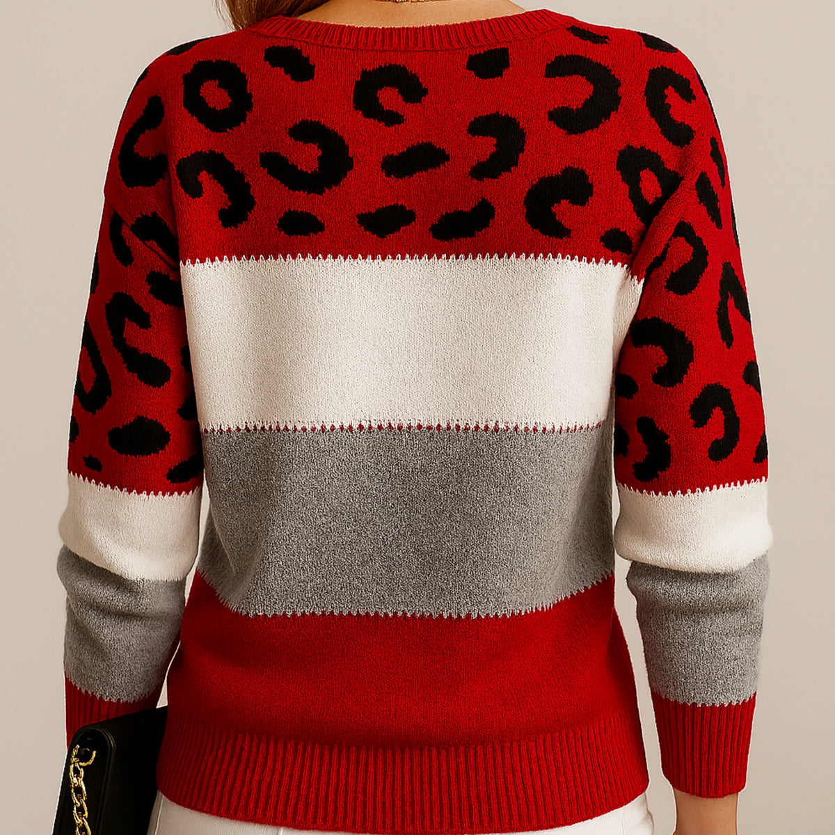 Women's soft knit sweater featuring a trendy color block design and stylish leopard print, perfect for casual everyday wear. 5