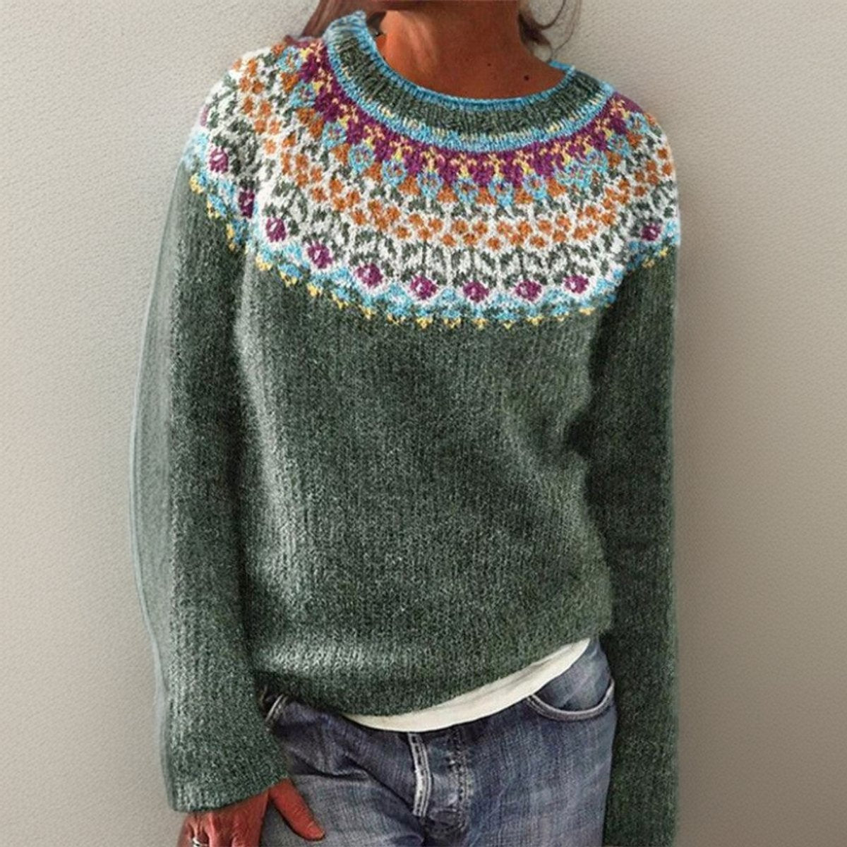Cozy sage green women's sweater featuring a beautiful floral yoke design, perfect for stylish fall layering. 0