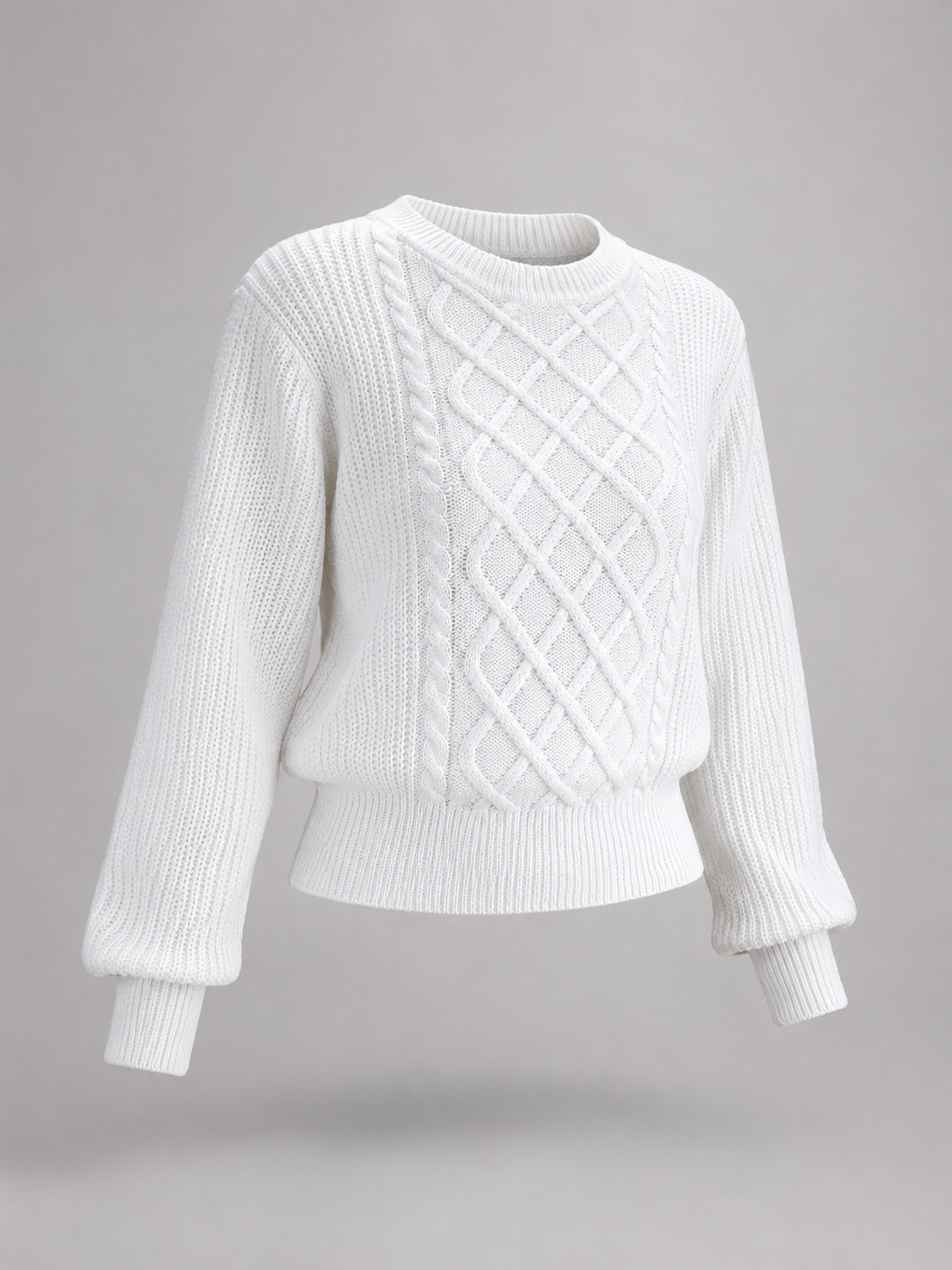 Women's sweater featuring stylish lantern sleeves, a cozy cable knit design, and a comfortable crew neck, available in five vibrant colors. 1