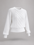 Women's sweater featuring stylish lantern sleeves, a cozy cable knit design, and a comfortable crew neck, available in five vibrant colors. 1