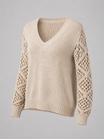 Women's sweater featuring open mesh sleeves and a stylish V-neck design, made from soft brushed knit for a relaxed fit, perfect for casual or layered outfits. 0