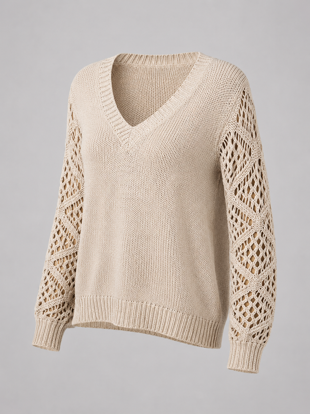 Women's sweater featuring open mesh sleeves and a stylish V-neck design, made from soft brushed knit for a relaxed fit, perfect for casual or layered outfits. 0