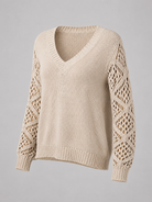 Women's sweater featuring open mesh sleeves and a stylish V-neck design, made from soft brushed knit for a relaxed fit, perfect for casual or layered outfits. 0