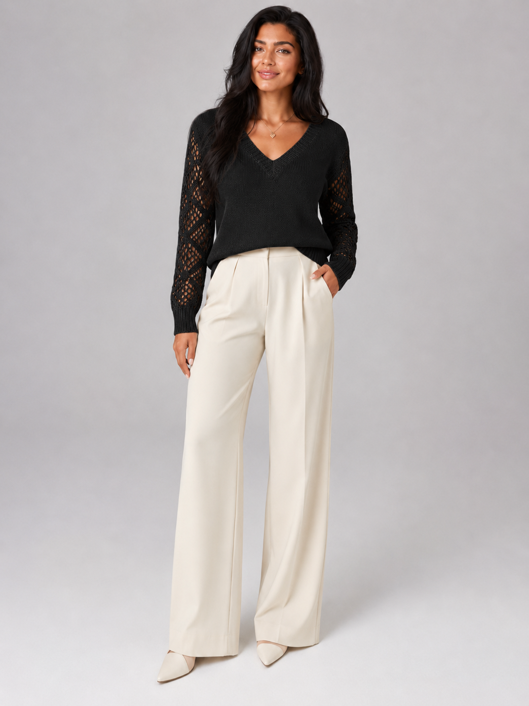 Women's sweater featuring open mesh sleeves and a stylish V-neck design, made from soft brushed knit for a relaxed fit, perfect for casual or layered outfits. 3