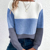 Women's sweater featuring a relaxed fit and boat neckline, designed with a soft color block ribbed knit pattern in pastel shades. 0