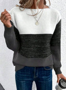Women's sweater featuring a relaxed fit and boat neckline, designed with a soft color block ribbed knit pattern in pastel shades. 3