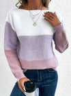 Women's sweater featuring a relaxed fit and boat neckline, designed with a soft color block ribbed knit pattern in pastel shades. 6