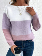 Women's sweater featuring a relaxed fit and boat neckline, designed with a soft color block ribbed knit pattern in pastel shades. 6