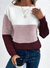 Women's sweater featuring a relaxed fit and boat neckline, designed with a soft color block ribbed knit pattern in pastel shades. 7