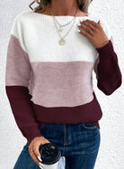 Women's sweater featuring a relaxed fit and boat neckline, designed with a soft color block ribbed knit pattern in pastel shades. 7