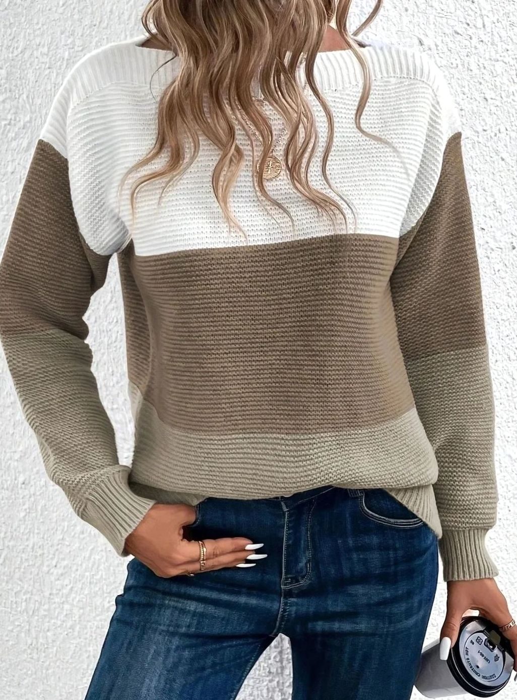 Women's sweater featuring a relaxed fit and boat neckline, designed with a soft color block ribbed knit pattern in pastel shades. 8